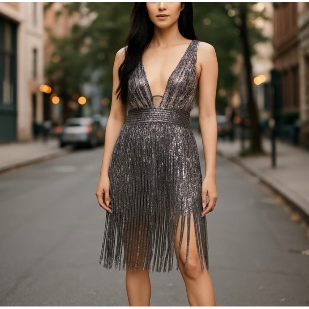 MANDALAY 10 Dress Sleeveless Metallic Fringe Mini Deep V- Neck Gunmetal Gray NWT